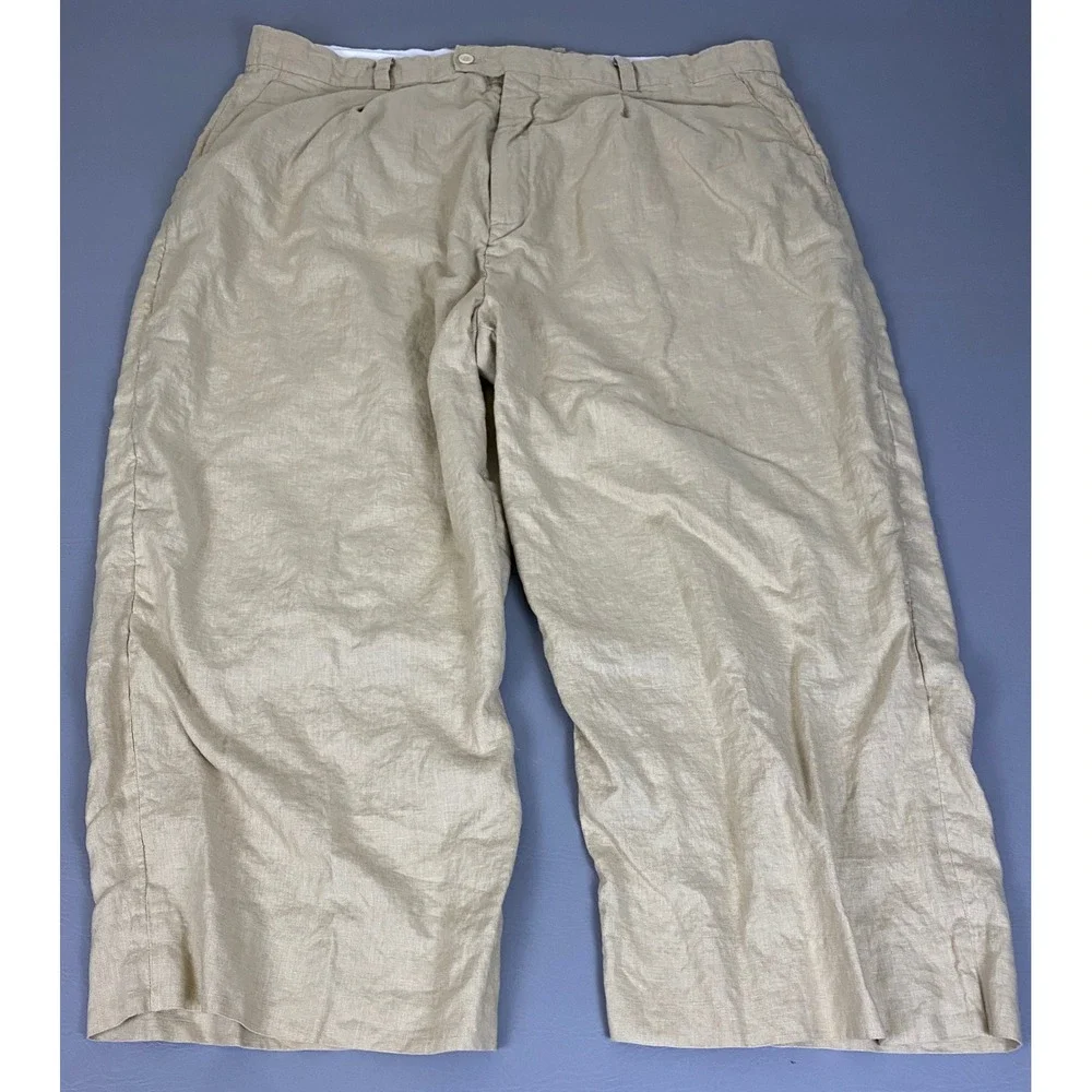 Leurenier 100% Linen Pants Men's Size 44 Cropped Beige Tan Relaxed Wide Leg